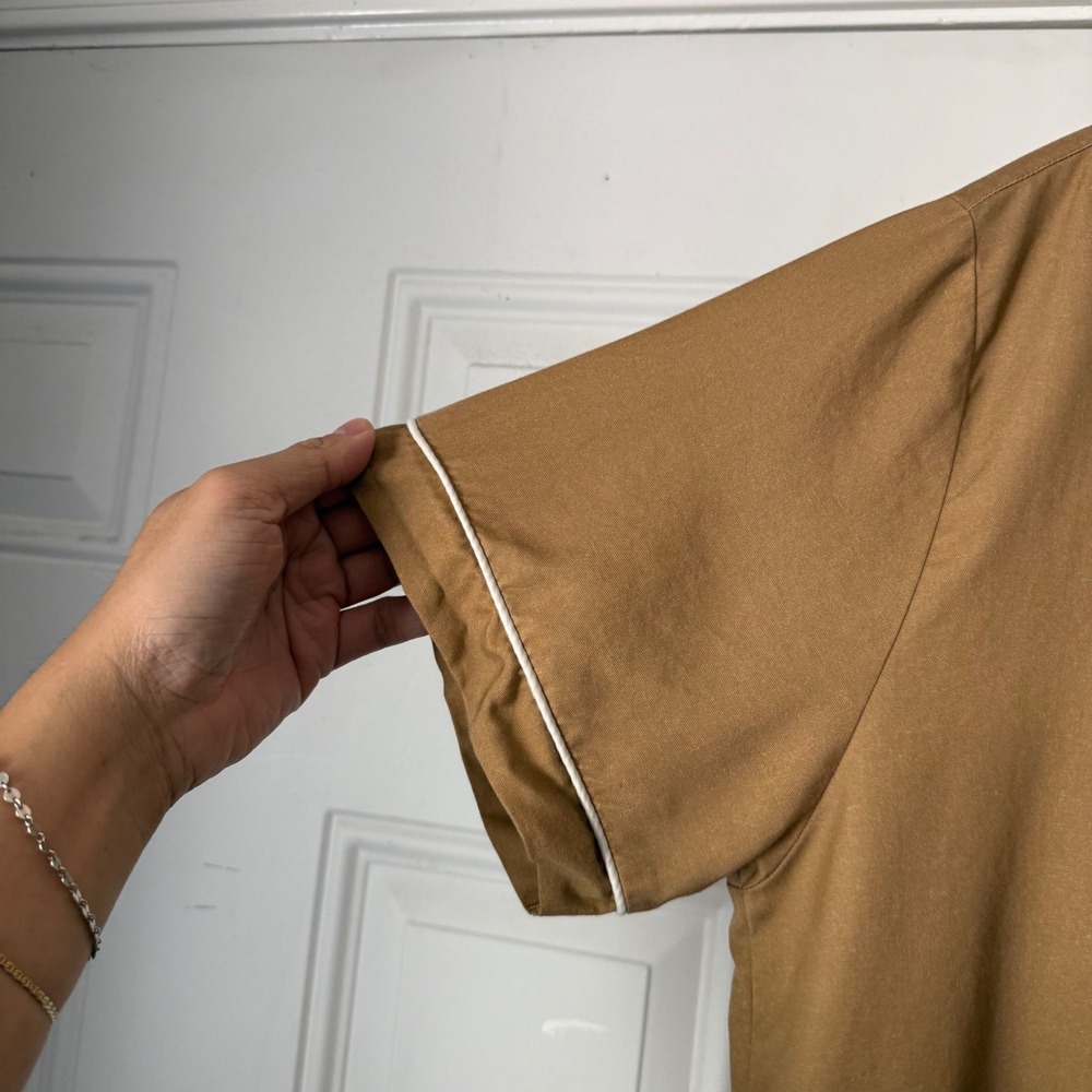 DUVIN khaki tan contrast piping short sleeve button up shirt - Picture 2 of 8